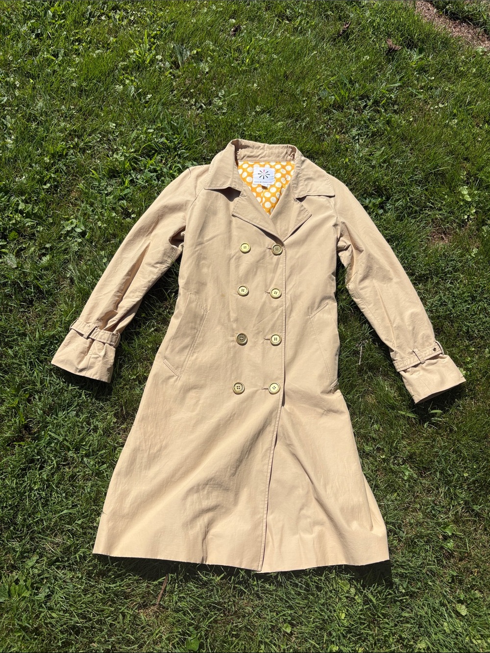 Isaac Mizrahi Double-Breasted Trench Coat in Beige with Yellow Lining